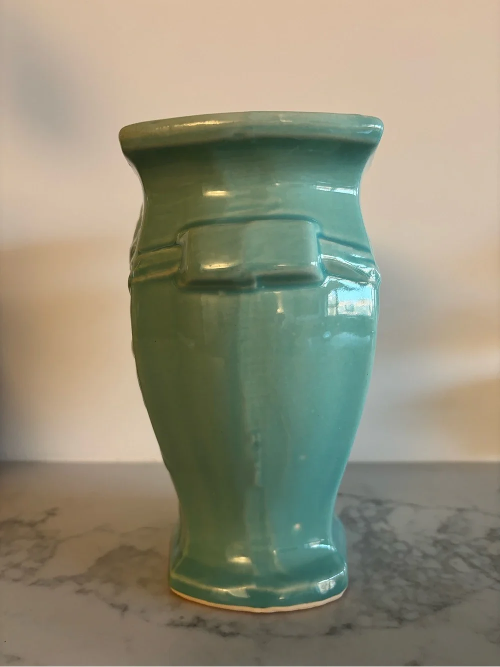 Vintage McCoy Pottery Turquoise Chrysanthemum Vase Art Deco Handles 1950s 7